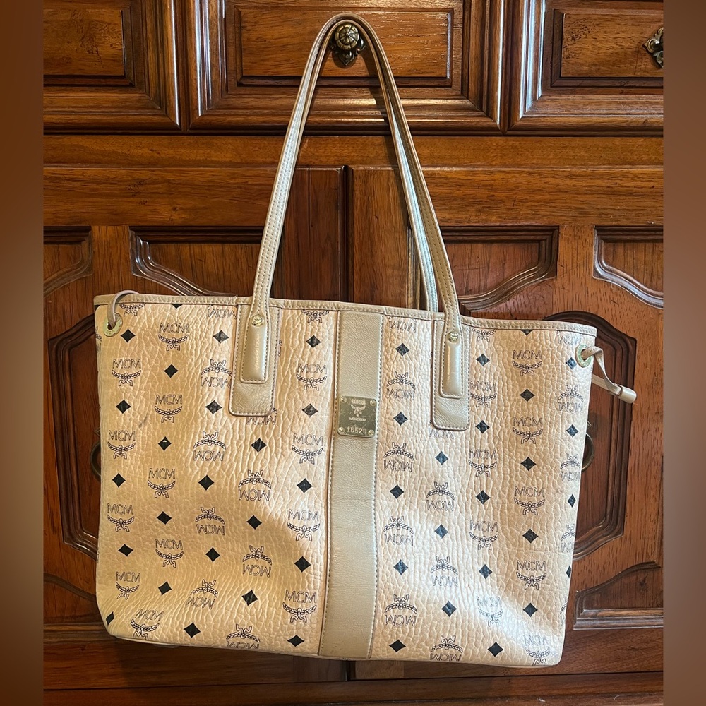 MCM Beige Tote Bag with Monogram Print